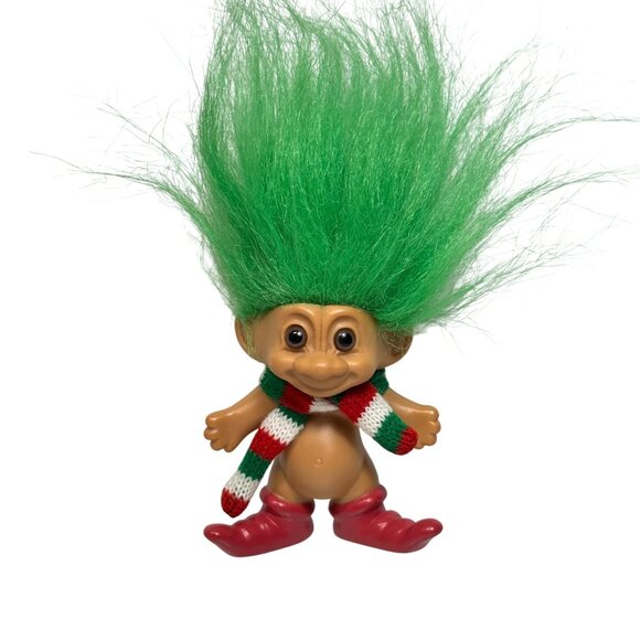 Vintage Russ Troll Doll Christmas Edition With Green Hair Red Boots & Knit Scarf - Picture 1 of 6
